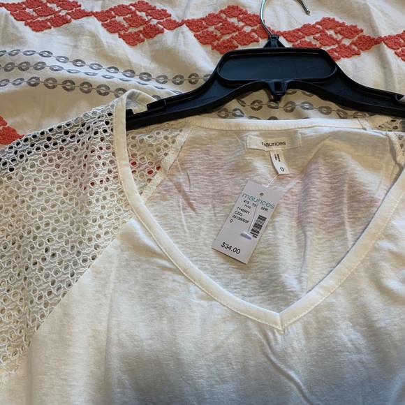 Plus Size White Blouse w/ Tie and Lace Sleeve - Picture 2 of 7